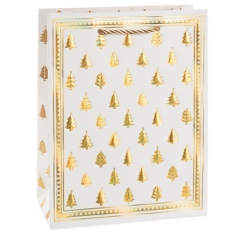 Пакет подарочный, Елочный декор, Дизайн №2, Белый/Золото, Металлик, 32*26*10 см.
