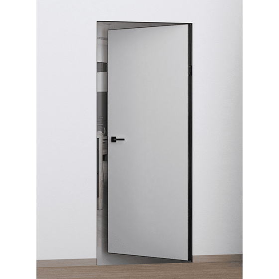 Купить Фото межкомнатной скрытой двери под покраску Profilo Porte P-0 Invisible Revers черная алюминиевая кромка с внутренним открыванием