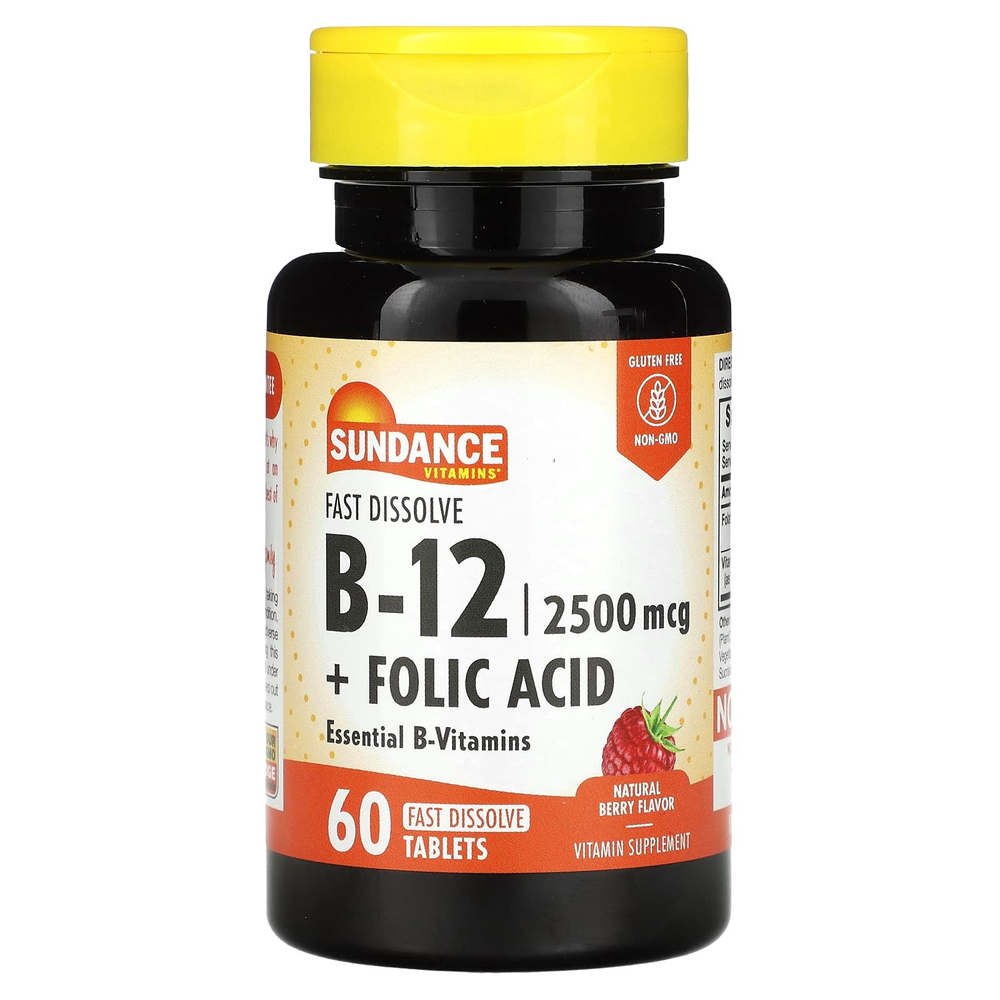 Sundance Vitamins, быстрорастворимый витамин B12 с фолиевой кислотой, с натуральным ягодным вкусом, 60 быстрорастворимых таблеток