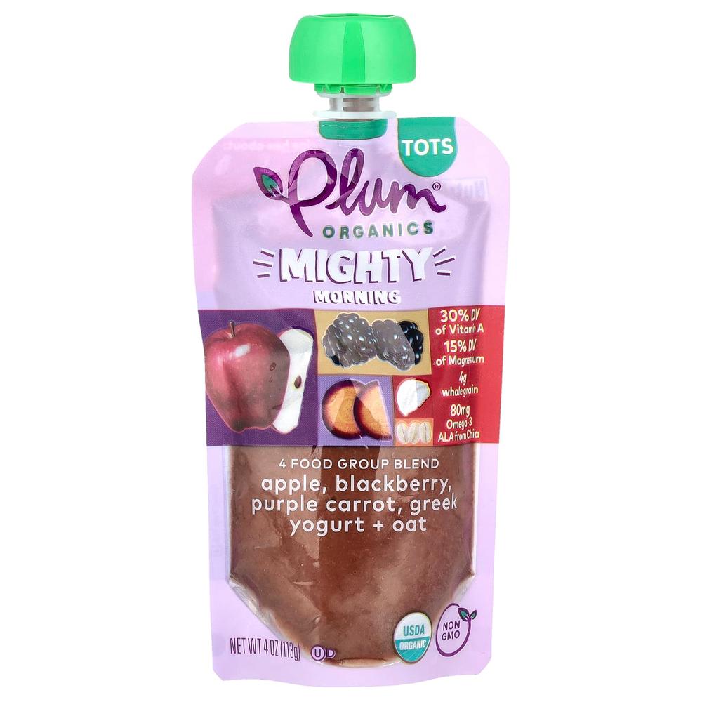 Plum Organics, Mighty Morning, смесь 4 пищевых групп, для малышей, яблоко, ежевика, фиолетовая морковь, греческий йогурт, овес, 113 г (4 унции)
