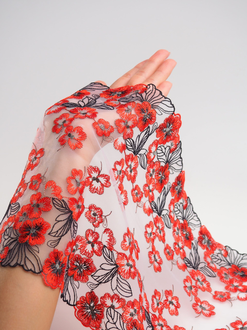 Вышивка на сетке белая с черным и красно-оранжевым неэластичная ширина 23 см