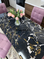 Стеклянный раздвижной стол "Черный мрамор" и стулья "ГУЧИ" пыльная роза