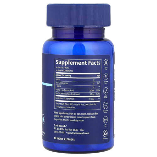 Trace, Жевательные таблетки с цинком и витамином C, малина, 60 жевательных вафель