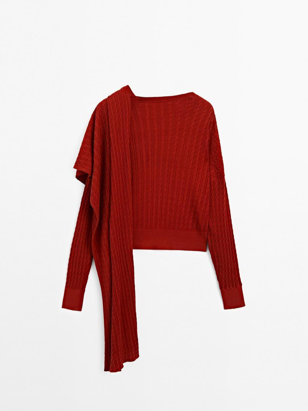 Massimo Dutti Свитер с узором «косы» и шарфом, красный