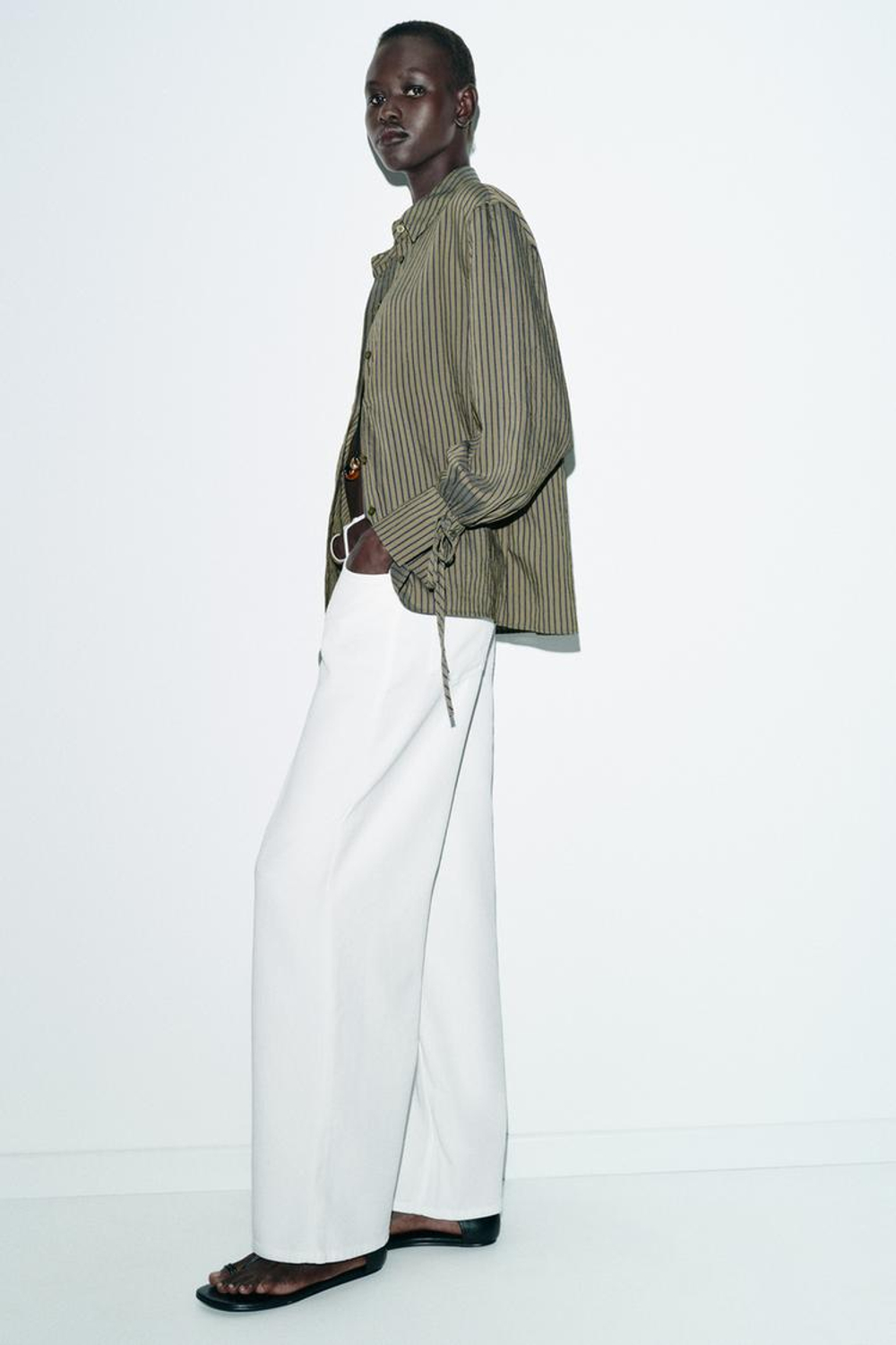 ZARA РУБАШКА В ПОЛОСКУ С ЗАВЯЗКАМИ, ТЕМНЫЙ ХАКИ