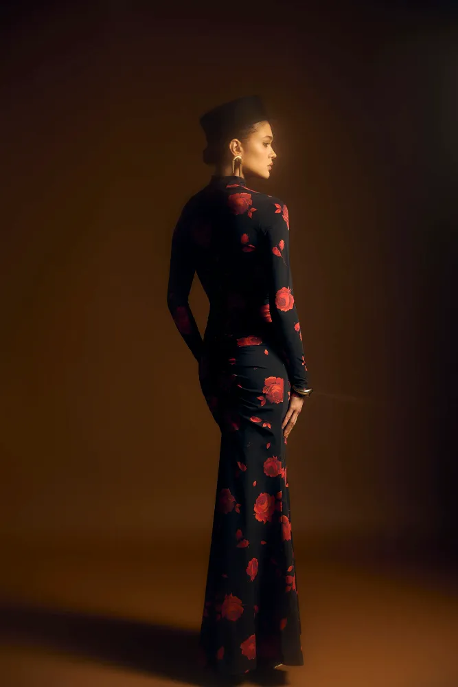 Мадия макси (Madiya maxi), платье макси из черного бифлекса с цветочным принтом