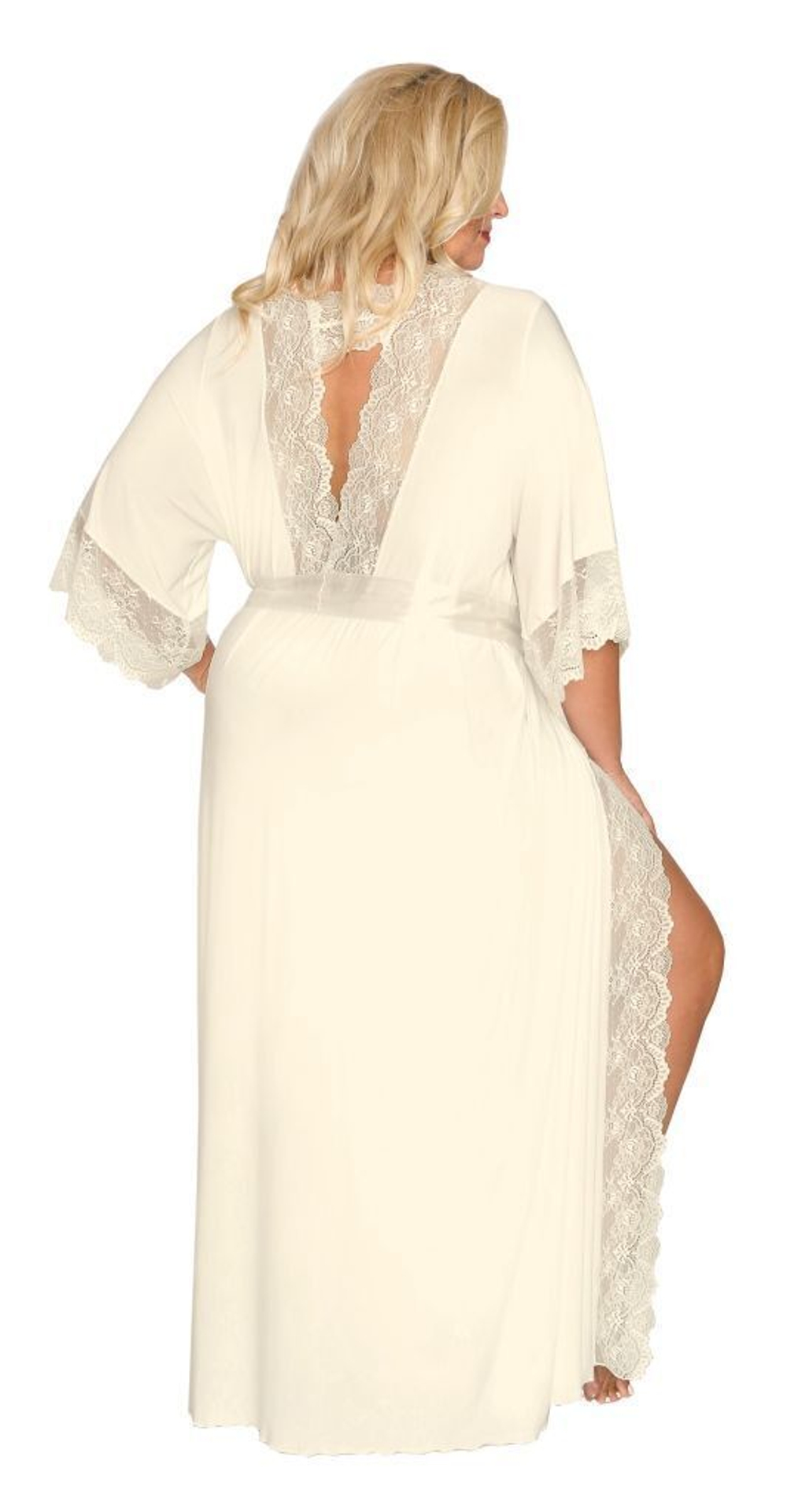 Длинный пеньюар plus size с изящным кружевом и атласным поясом (Размер: 6X) (Цвет: кремовый)