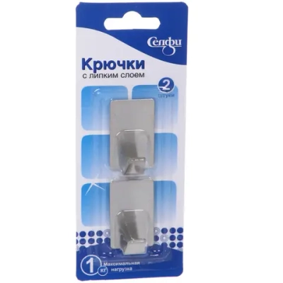 Крючки в наборе 2шт из нержавеющей стали на липкой основе «БАСТОФ», форма прямоугольник, нагрузка 1кг/3*5см