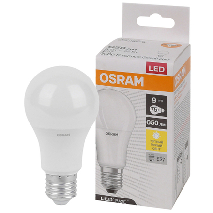 Лампочка светодиодная Osram LEDBASE Led A75 9Вт 3000К Е27 / E27 груша матовая теплый белый свет