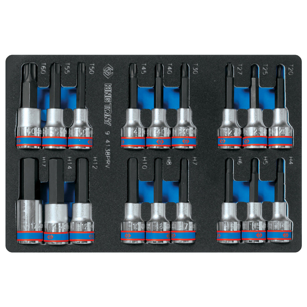 KING TONY (9-4138PRV) Набор торцевых насадок 1/2", TORX, HEX, L = 80 мм, ложемент, 18 предметов
