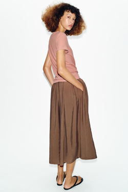 ZARA ФУТБОЛКА ИЗ ХЛОПКА И ЛЬНА С КОРОТКИМИ РУКАВАМИ, ЦВЕТ РОЗОВОГО МЕЛА