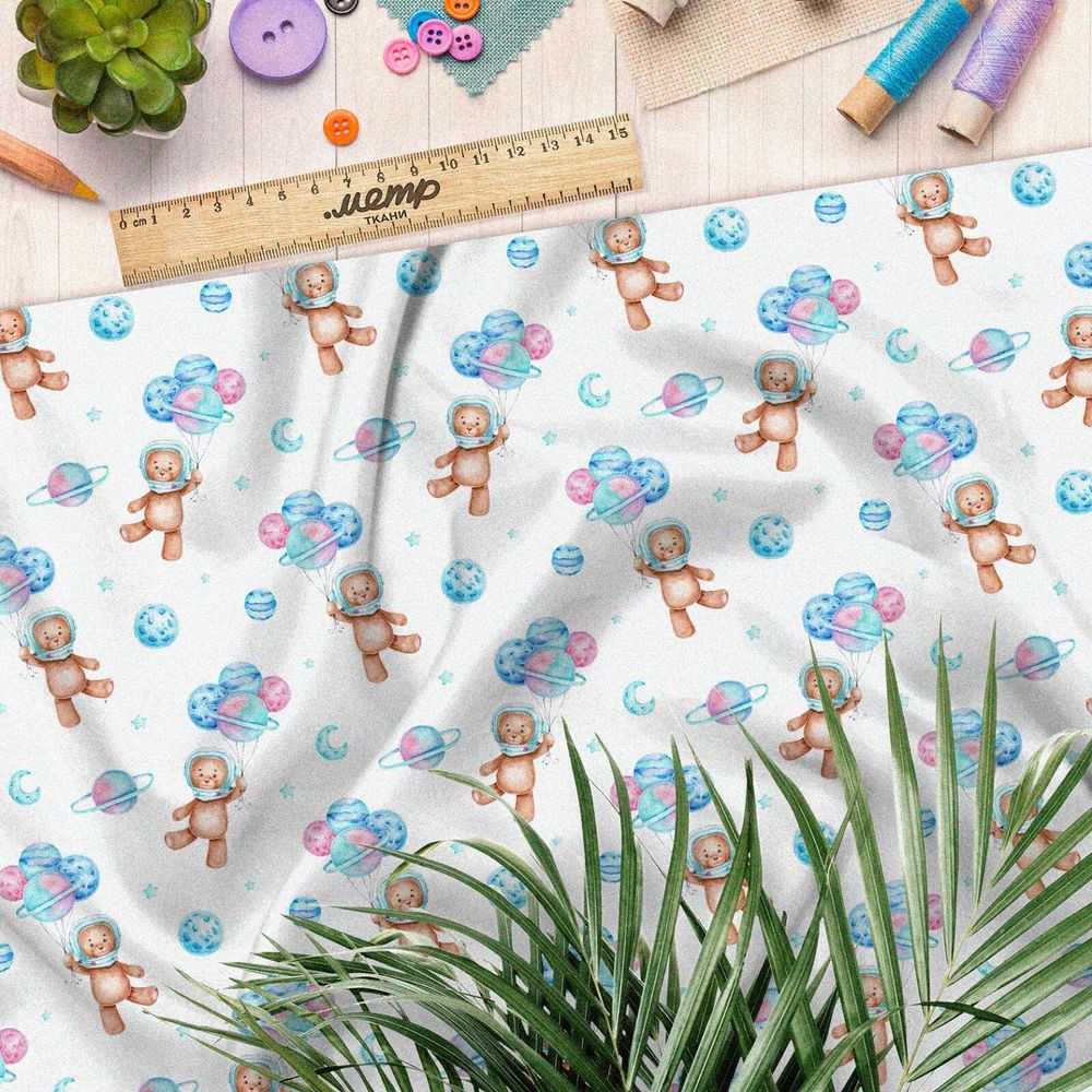 Ткань дюспо мишки-космонавты с воздушными шарами