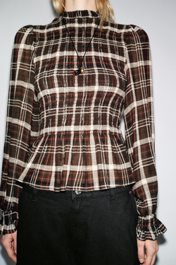 ZARA РУБАШКА В КЛЕТКУ С ЭЛАСТИЧНЫМ ЖАТЫМ УЗОРОМ, КОРИЧНЕВЫЙ/ЭКРЮ