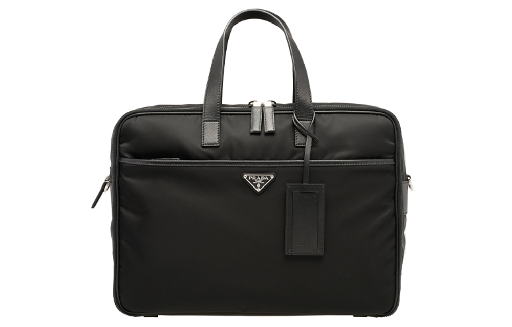 PRADA Zip Closure Recycled Nylon And Saffiano Leather Briefcase, Handbag Men"s Black