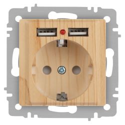 Розетка Intro Accent 6-410-11 , P+E Schuko со шторками, 16А-250В + 2хUSB, IP20, СУ, сосна