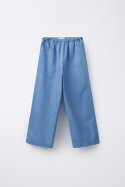 ZARA БРЮКИ ИЗ ХЛОПКА И ЛЬНА С БАНТАМИ, СИНИЙ