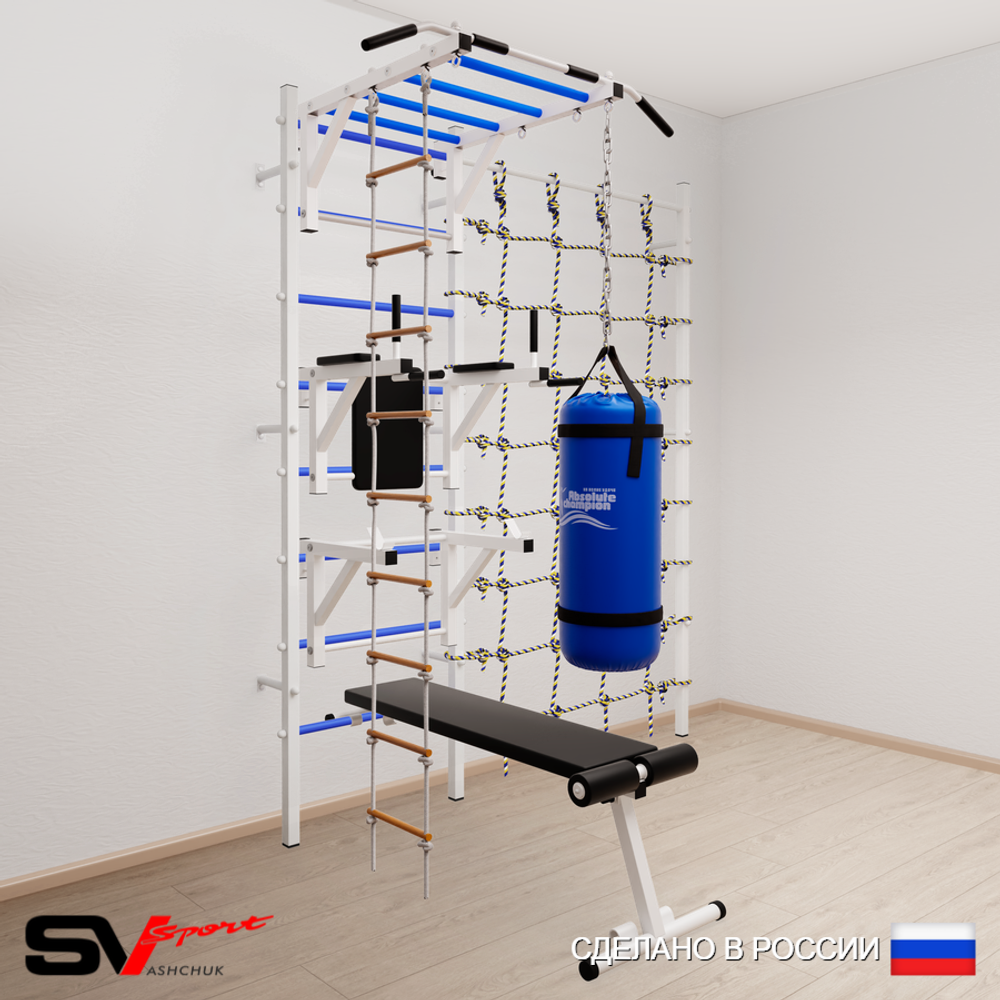 Шведская стенка Sv Sport 56210 (Турник рукоход/Брусья/Стойка/Скамья/Лестница/Цепь/Мешок 15кг/Канатный лаз)