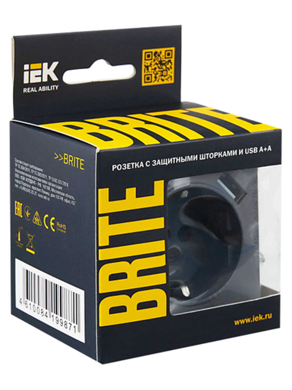 BRITE Розетка 1-местная с заземлением с защитными шторками 16А с USB A+A 5В 2,1А РЮш10-1-БрМ маренго IEK