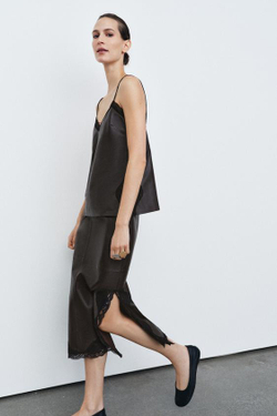 ZARA ЮБКА ИЗ 100% КОЖИ С КРУЖЕВОМ — ZW COLLECTION LIMITED EDITION, БОРДОВЫЙ