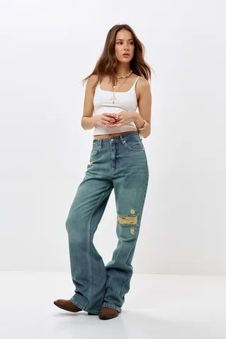 Джинсы wide leg с потертостями сине-зеленого цвета