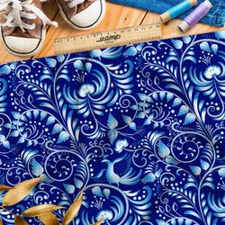 Ткань ниагара тонкая гжель на синем фоне