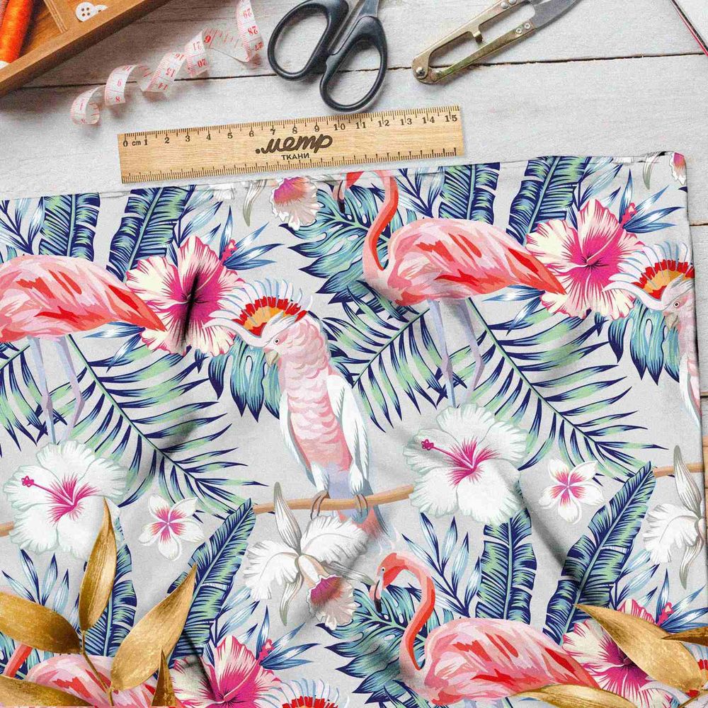 Ткань габардин какаду и фламинго