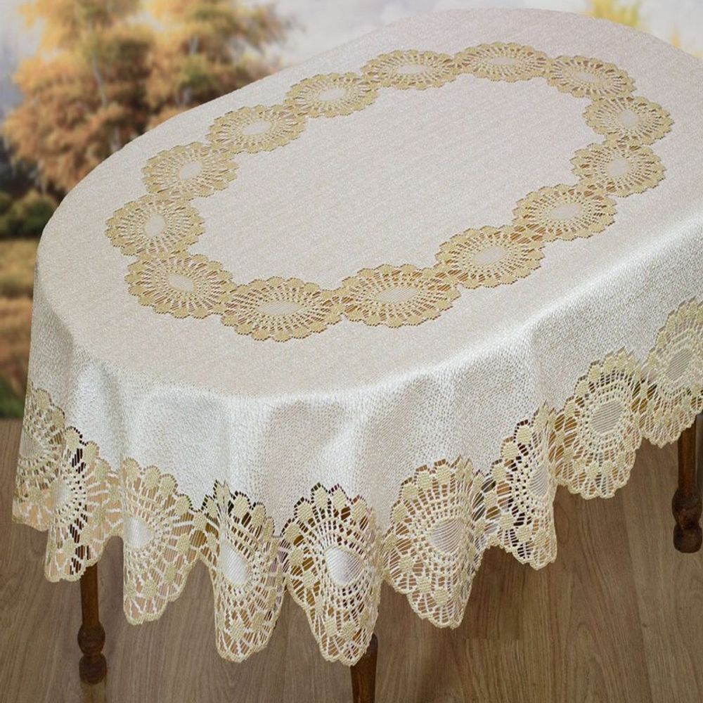 Скатерть жаккардовая овальная, цвет кремово-золотистый, Польша. Скатерть жаккардовая овальная, цвет кремово-золотистый, Польша.