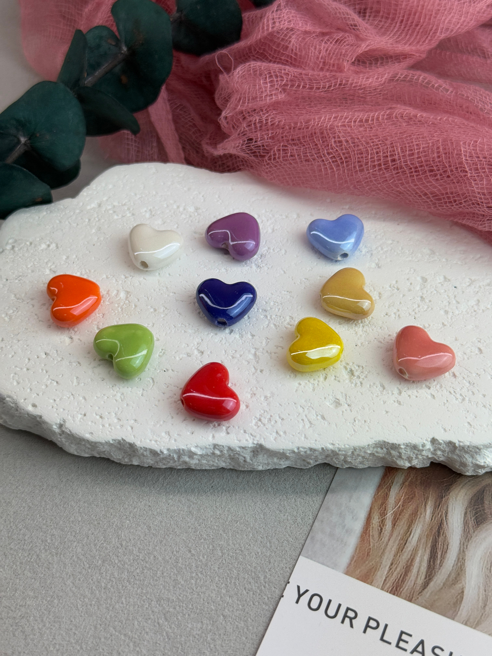 Керамические бусины сердце, микс 13*15 мм, 10 штук