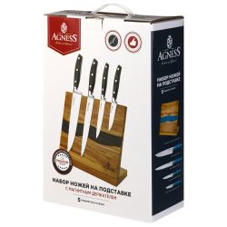 НАБОР НОЖЕЙ AGNESS НА ДЕРЕВЯННОЙ ПОДСТАВКЕ С МАГНИТНЫМ ДЕРЖАТЕЛЕМ, 5 ПРЕДМЕТОВ