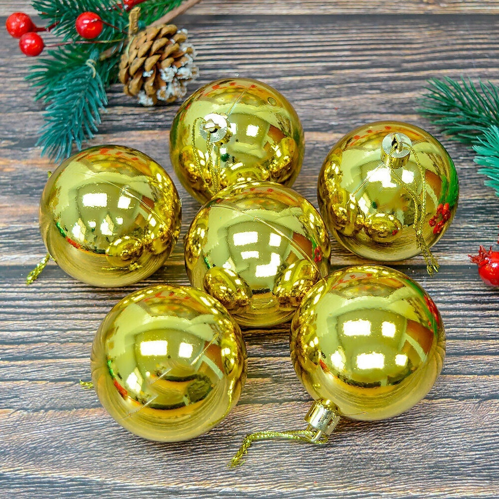 Шар новогодний 6шт 6см, глянец золото, пластик