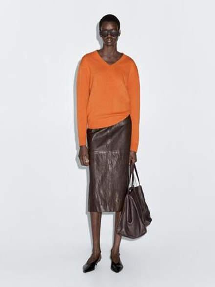 Massimo Dutti Юбка миди прямого кроя из кожи наппа с разрезом, коричневый