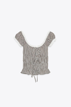 ZARA ТОП В КЛЕТКУ ВИШИ С КРУЖЕВОМ, КОРИЧНЕВЫЙ/ЭКРЮ