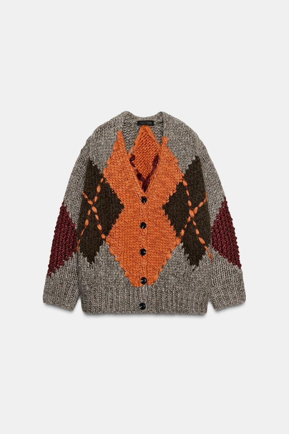 ZARА КАРДИГАН С УЗОРОМ «РОМБЫ», КОРИЧНЕВЫЙ С СЕРЫМ ОТТЕНКОМ