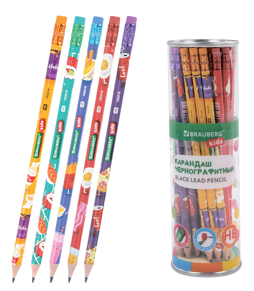 Карандаш ч/г HB "Kids food" с ластиком, корпус ассорти (BRAUBERG)