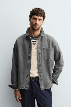 ZARA ДЖИНСОВАЯ РУБАШКА BOXY FIT, СЕРЫЙ
