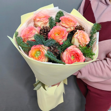 Букет зимний из 7 роз "Mandarine X-pression" (Эквадор 60 см)