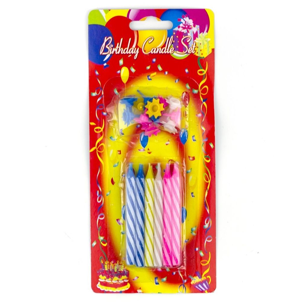 Набор свечей для торта Alingar, 6 см, 12 шт., с подставками. "Яркие полосы", ассорти Набор свечей для торта Alingar, 6 см, 12 шт., с подставками. "Яркие полосы", ассорти