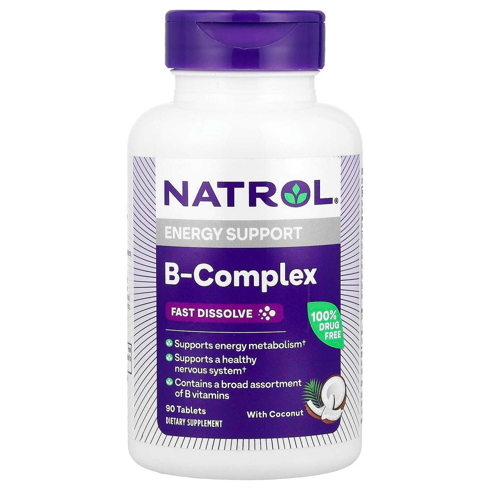 Natrol, Комплекс витаминов группы B, быстрорастворимые, натуральный кокосовый вкус, 90 таблеток