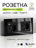 Розетка двойная с заземлением из стекла с USB и Type-C