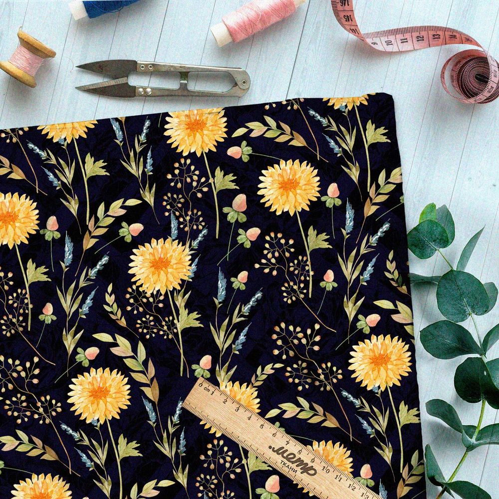 Ткань бифлекс солнечные одуванчики на чёрном фоне