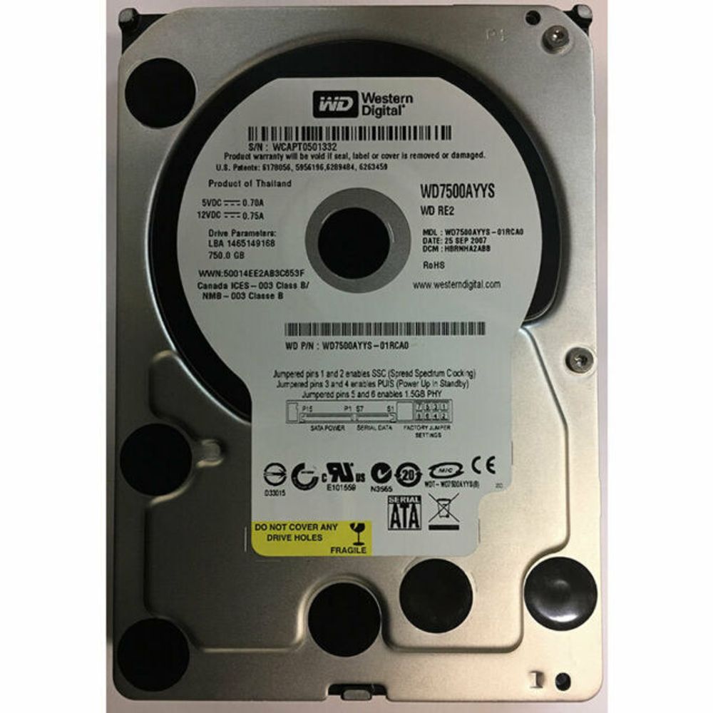 Жесткий диск Western Digital RE2 750Gb 3.5&quot; 7200rpm 16Mb SATA 3Gb/s WD7500AYYS