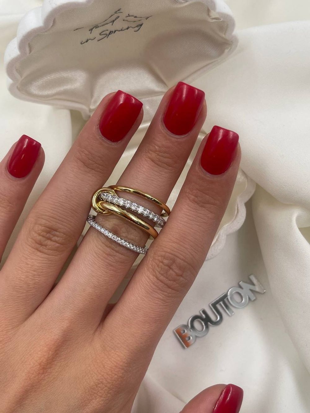 Кольцо многослойное биколорное серебро и золото с камнями