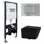 Унитаз подвесной Abber Rechteck AC1201MB-AC0105-AC0120MCH черный матовый, безободковый, с инсталляцией, с крышкой микролифт, с кнопкой хром матовый