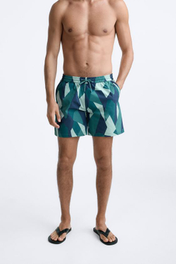 ZARA ДЛИННЫЕ ПЛАВКИ ИЗ ТКАНИ С АБСТРАКТНЫМ ПРИНТОМ, СИНЕ-ЗЕЛЕНЫЙ