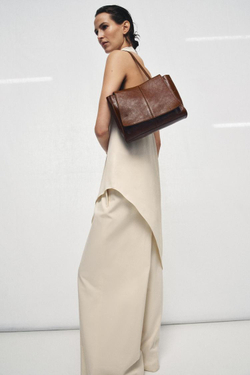 ZARA КОЖАНАЯ МИНИ-СУМКА-ШОПЕР С ДВОЙНЫМ КАРМАНОМ, КОРИЧНЕВЫЙ