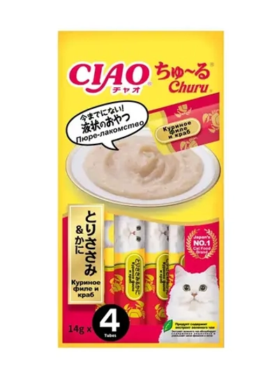 Inaba ciao churu лакомство-пюре для взрослых кошек с куриным филе и крабом - 14 г х 4 шт