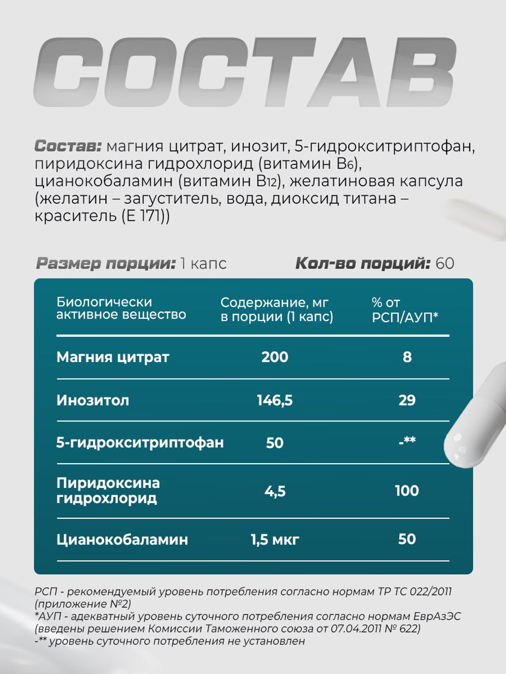 5-HTP / 5 HTP гидрокси триптофан для сна и от стресса, витамины успокоительные, бады для настроения, 50 мг, 60 капсул
