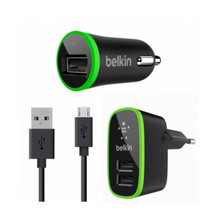 Сетевое зарядное устройство Belkin 1xUSB, 10W, 2.1A + автомобильное зарядное устройство Belkin 2xUSB, 20W, 2.1A + USB кабель micro-USB, 1.2м, черный