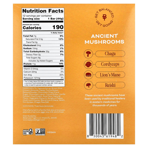 Balanced Tiger, протеиновый батончик, банан и шоколадная крошка, 12 шт. по 44 г (1,55 унции)