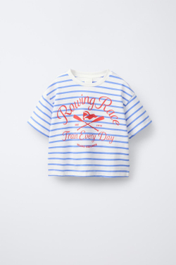 ZARA ФУТБОЛКА В ПОЛОСКУ С МОРСКИМ ПРИНТОМ, НЕБЕСНО-ГОЛУБОЙ